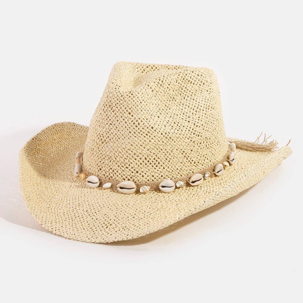 Collections by Fame Accessories – Engroshandel Cowboyhat - Dame – Cowboyhat med snor af stråflet og cowrie-skaller9