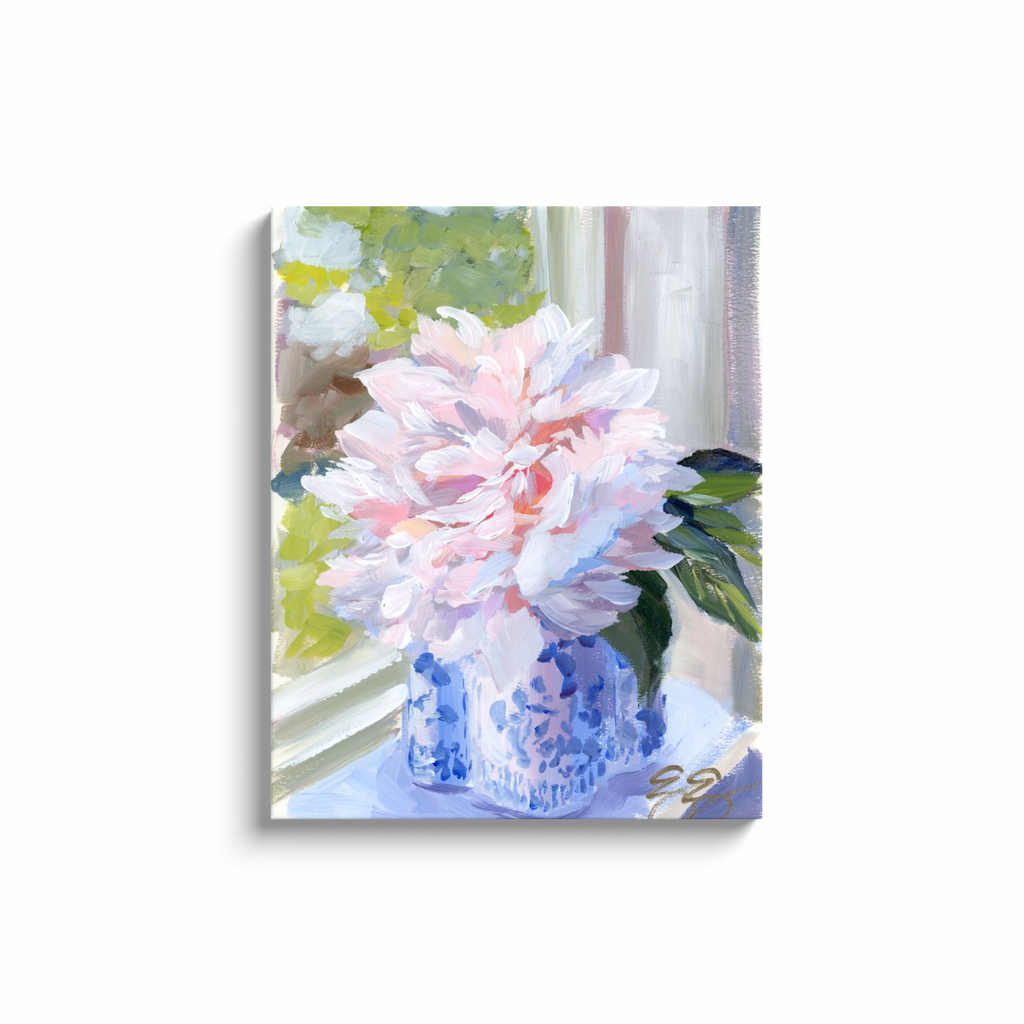 Elizabeth Alice Studio - Wholesale Art Print - No. 396 Sarah Bernhardt peony in blue and white vase, a canvas wrap print19