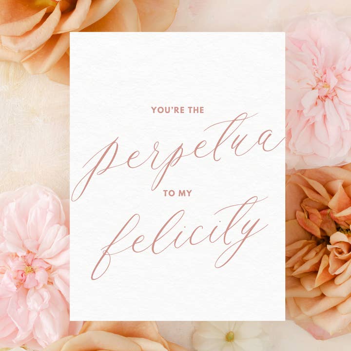 Biglietto di auguri cattolico per San Valentino, «You're the Perpetua to my Felicity» per la vendita all'ingrosso da parte di Pietà Paperie