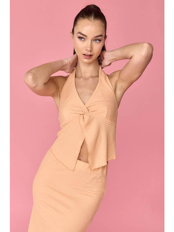 Peach PT17943 - Zoe Textured Knit Halter Top And Midi Skirt Set for wholesale on Faire