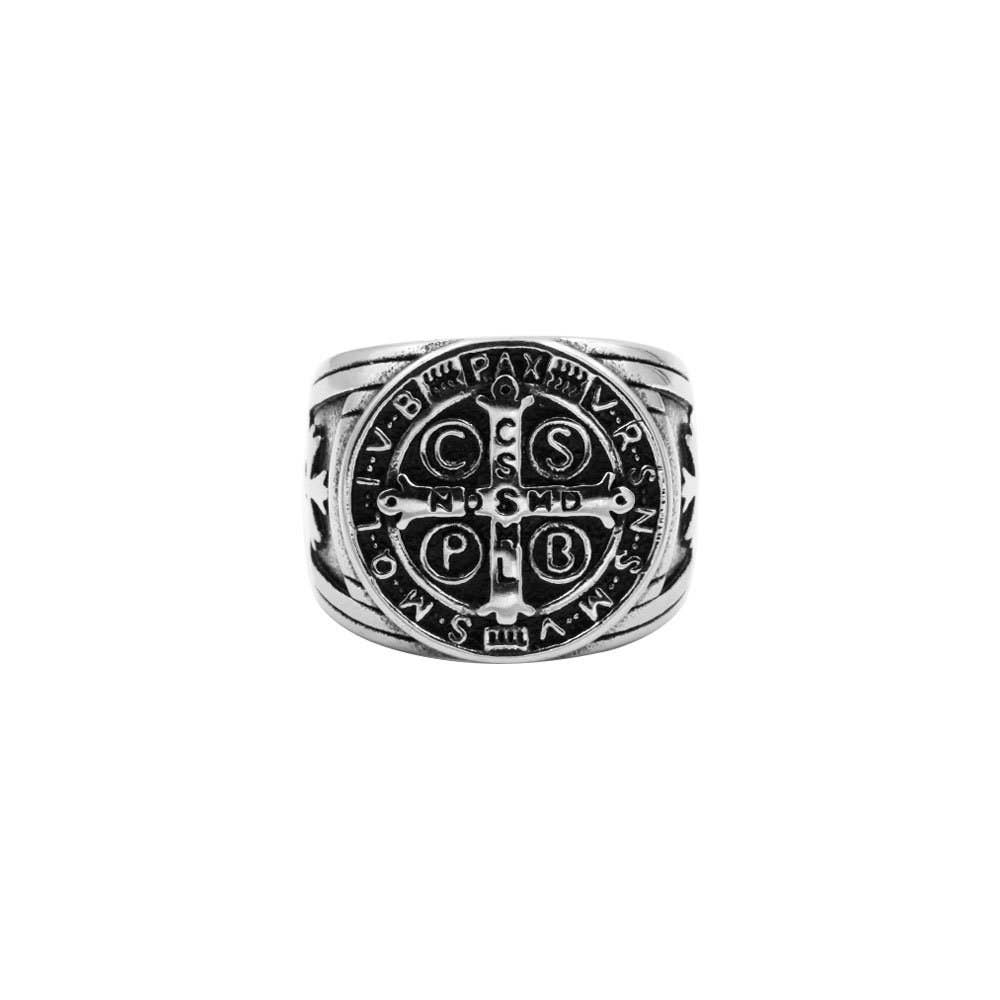 Awaken - Wholesale Signet Ring - Artisan Cross of Saint Benedict Steel Ring - A-4121
