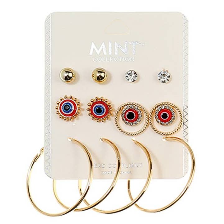6 Pair Evil Eye Stud & Hoop Set for wholesale by Atlas Fashion