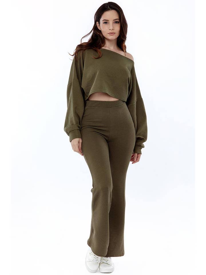 AVINCI – wholesale Top & pants set (NOT Loungewear) – Women's – Ribbed Two-Piece Off-the-Shoulder Crop Top Wide Leg Trouser Set9