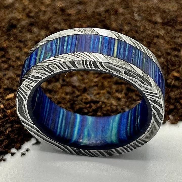 Anello in Acciaio di Damasco Acquatico Reale Foderato con Ampia Manica in Legno per la vendita all'ingrosso da parte di RustyStudioUSA