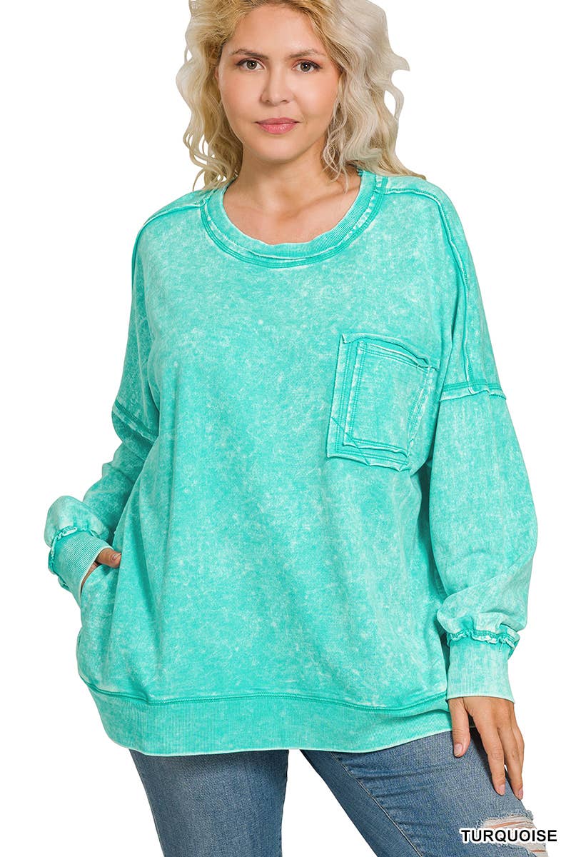42POPS - Wholesale Sweatshirt - Women's - ', Plus French Terry Acid Wash Raw Edge Front Pocket2