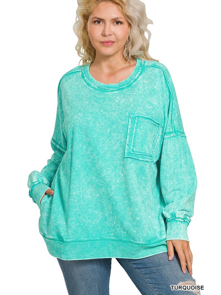 42POPS - Wholesale Sweatshirt - Women's - ', Plus French Terry Acid Wash Raw Edge Front Pocket2