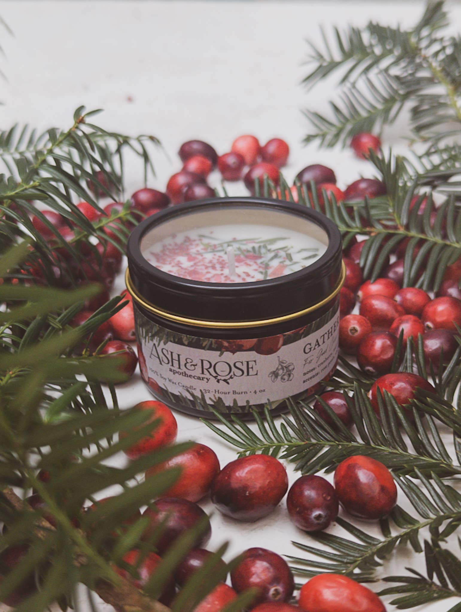 Ash & Rose - Wholesale Jar/filled candle - Gather Here Cranberry Pine Soy Tin Candle Rose Petal Yew0