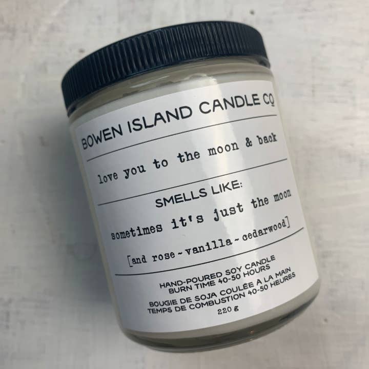 WHOLESALE 4 PACK Love You To The Moon & Back - Hand-Poured, Wood Wick, Soy Candle - rose + vanilla + cedarwood - thinking of you gift, gift for loved ones, just because gift for wholesale by Bowen Island Soap Company