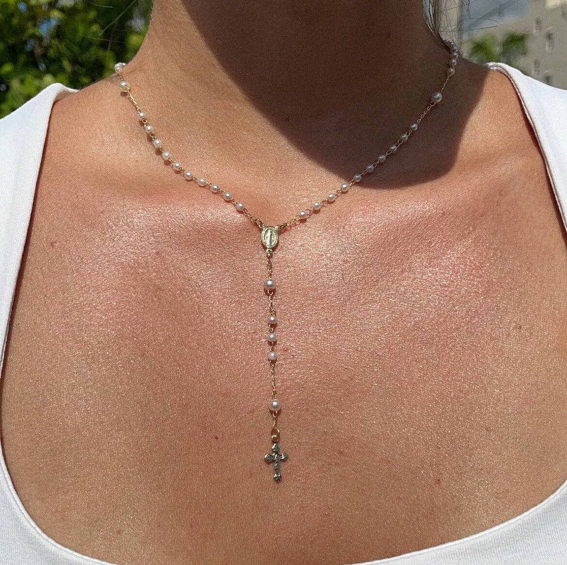 Milie - Wholesale Prayer Beads Necklace - 18k GF Rosary: White Simulated Pearl Beaded Necklace2