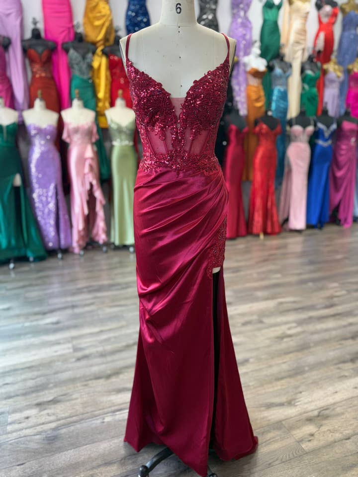 La Veneto - Wholesale Dress - Women's - Deep v-neckline, thin straps, embellished bodice & leg slit9