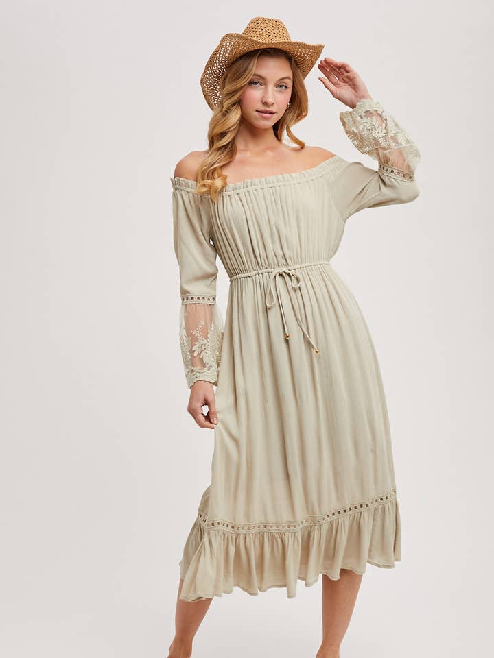 LACE TRIM BELL SLEEVES MIDI DRESS for wholesale by Bluivy