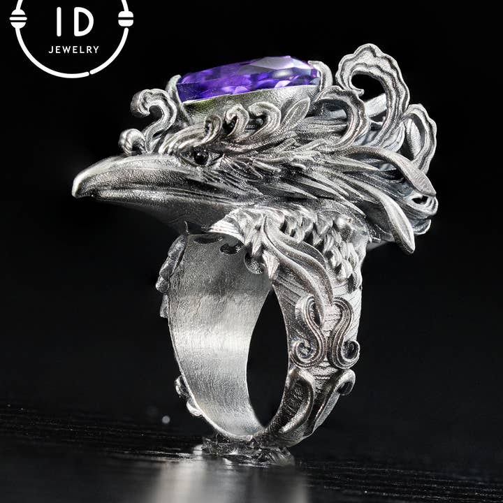 Gothische Ravenring met Amethist in 925 Geoxideerd Zilver, Totemvogel Sieraad voor Vrouwen en Mannen, Vintage Statement Cadeau voor Kerstmis voor wholesale door idjewelry