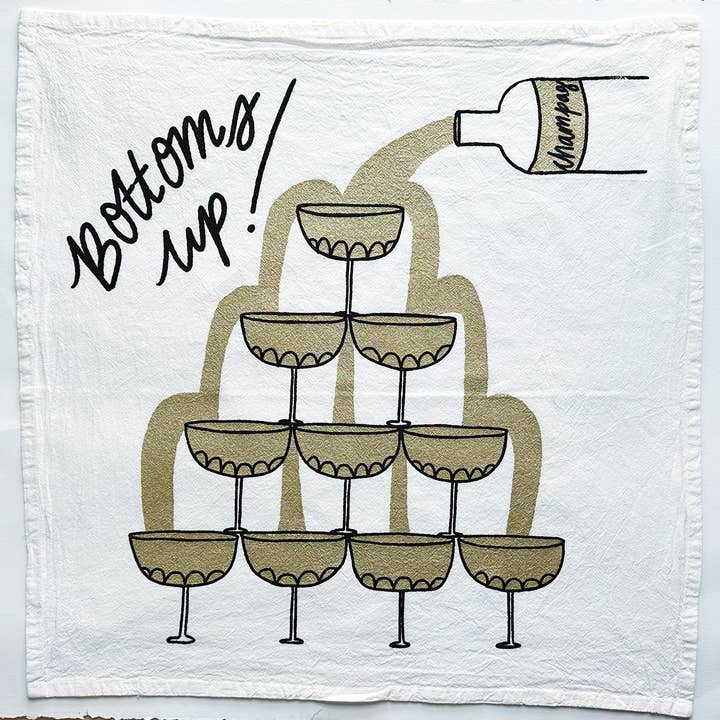 Julie Peach - Wholesale Tea Towel - Glitter Champagne Tower on White Tea Towel - 100% Cotton