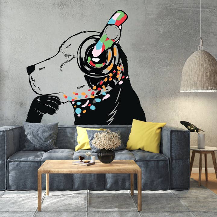 Pegatina de arte mural de perro - Calcomanía de vinilo de cachorro DJ pensativo con auriculares para venta al por mayor de Decords