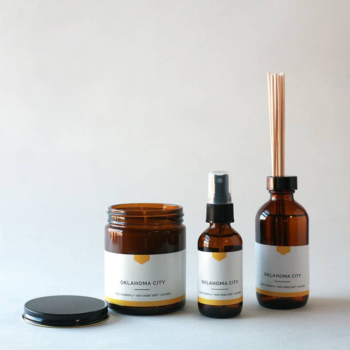 Vacant Wheel - Wholesale Jar/Filled Candle - OKLAHOMA CITY Amber Jar Soy Candle - Ripe Mulberry and Red Cedar Leaf, Hand-Poured (9 oz)1