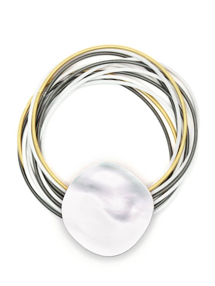 Gold, Slate, White Bracelet with Matte Silver Disc for wholesale by Sea Lily