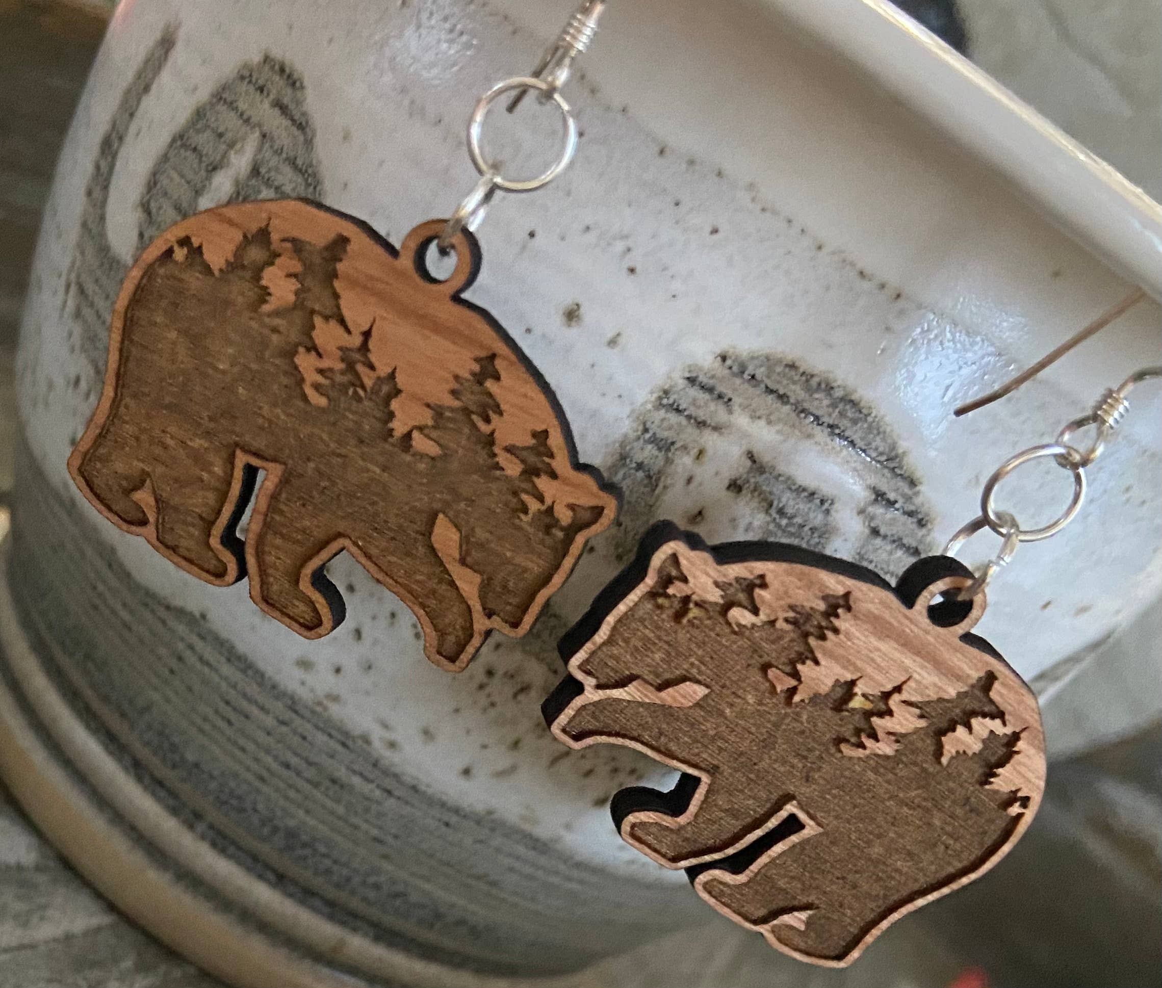 Chickadee Creations - Wholesale Dangle Earrings - Cherry wood earrings, engraved trees in bear shape3