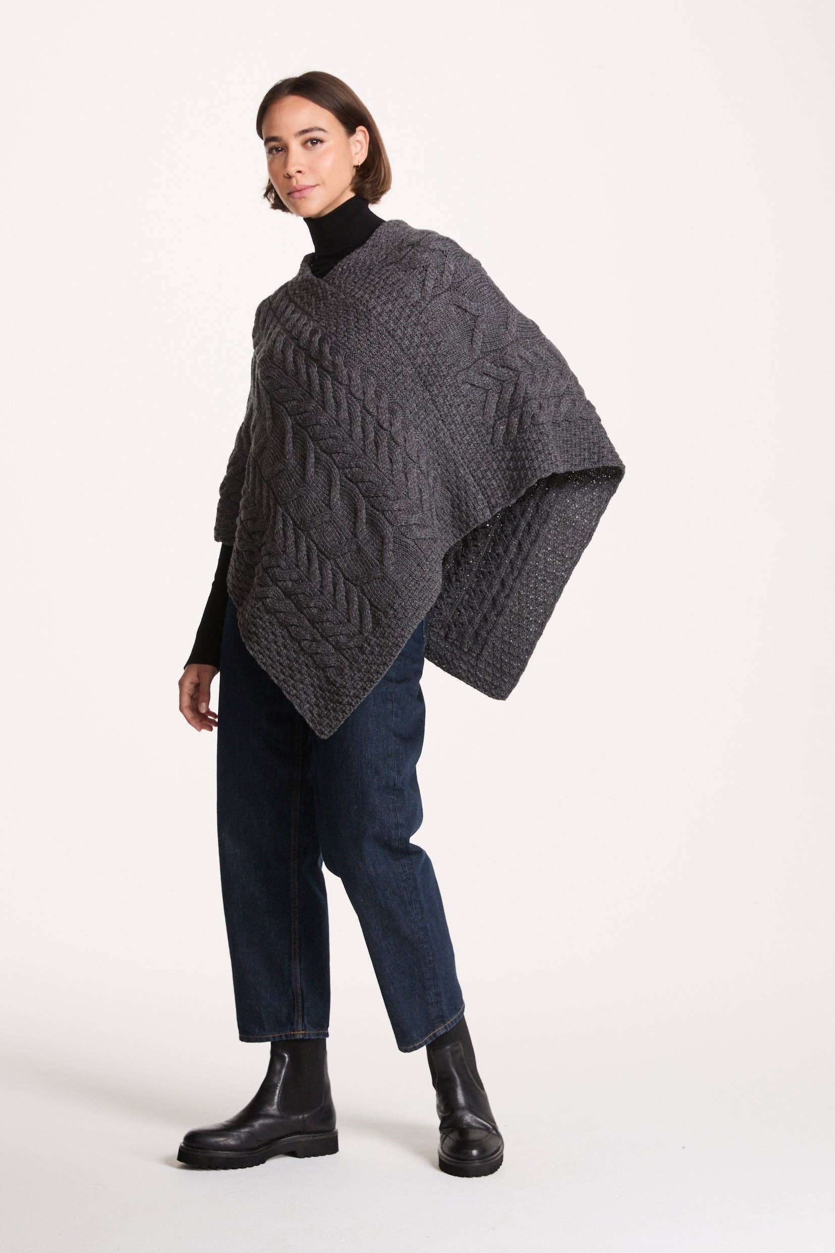 Aran Woollen Mills - Wholesale Poncho - Women's - Aasleagh Falls Ladies Aran Poncho - Grey2