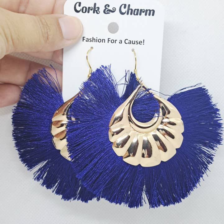 Royal Blue Bohemian Fringe Tassel Gold Plated Earrings for wholesale by Cork and Charm