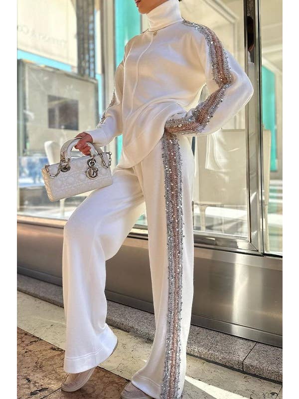 white Sequin detail knit sleeve patchwork Turtleneck 2 piece set for wholesale on Faire1
