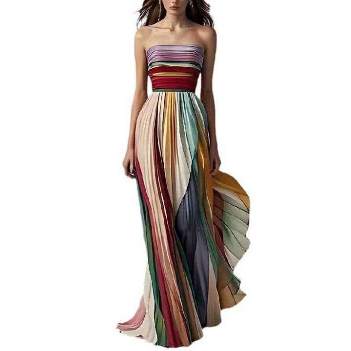 MULTICOLOR Colorful Strapless Pleated Maxi Dress for wholesale on Faire