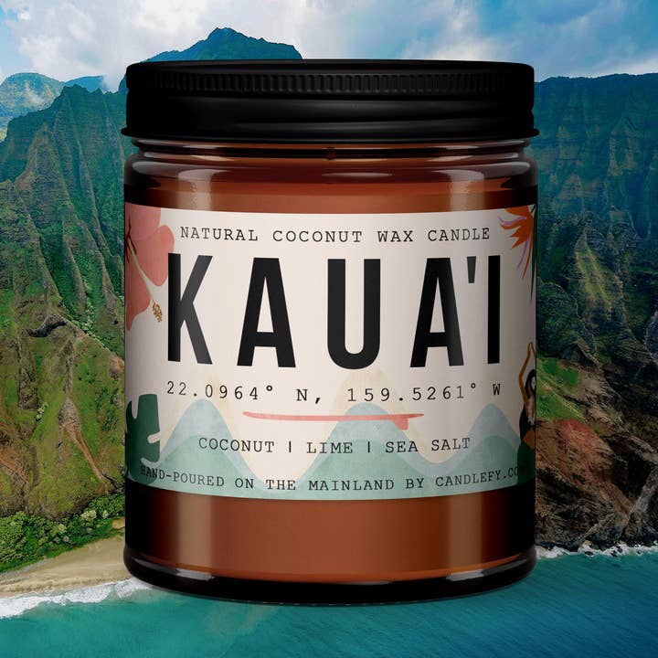Kauai, Hawaii Scented Candle, Amber Jar, Non-Toxic, Natural for wholesale by Candlefy