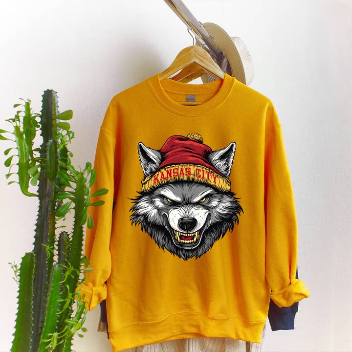 Kansas City Beanie Wolf Vintage Cartoon Unisex Sweatshirt for wholesale by Into The Desert