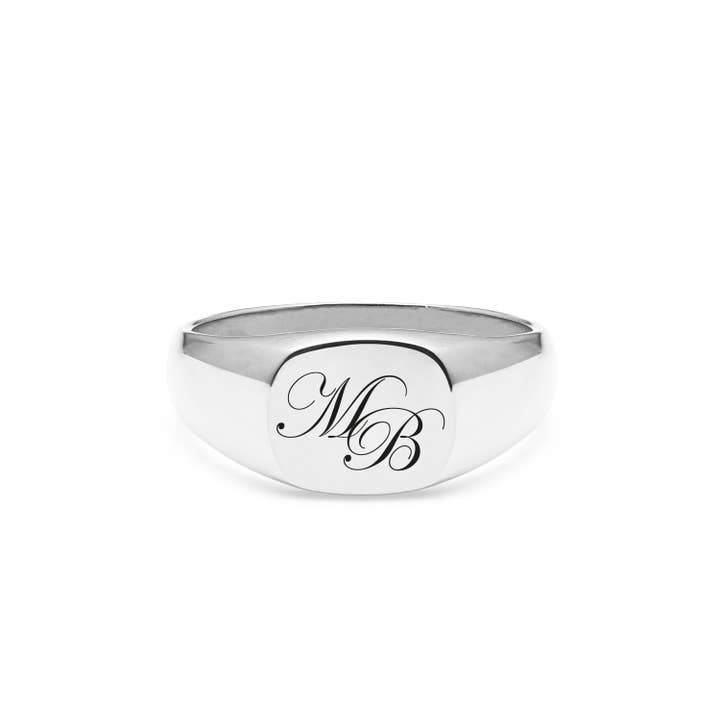 Double Initial Edwardian Cushion Signet Ring - Silver for wholesale by Myia Bonner