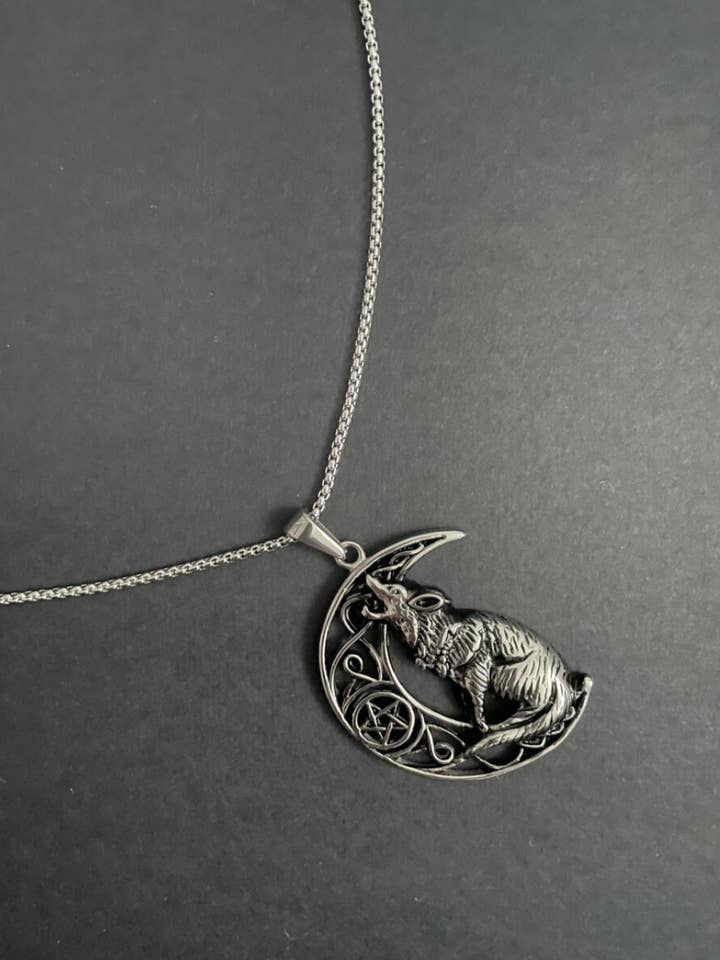 Wolf & Moon Necklace for wholesale by Silver & Bare