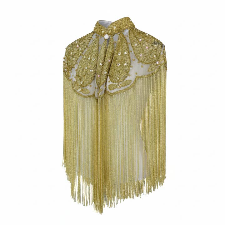 BEADED CAPE W/COLLAR GOLD W/GOLD FRINGES, Mardi Gras for wholesale by Western Fashion