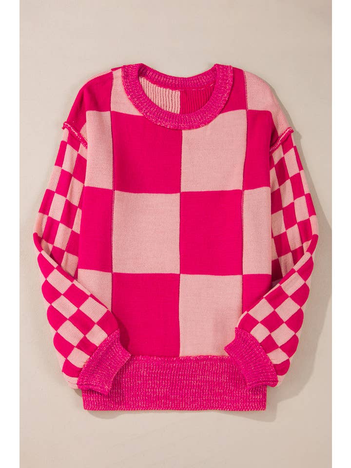 Rose Red Mixed Checkered Pattern Drop Shoulder Loose Sweater for wholesale on Faire