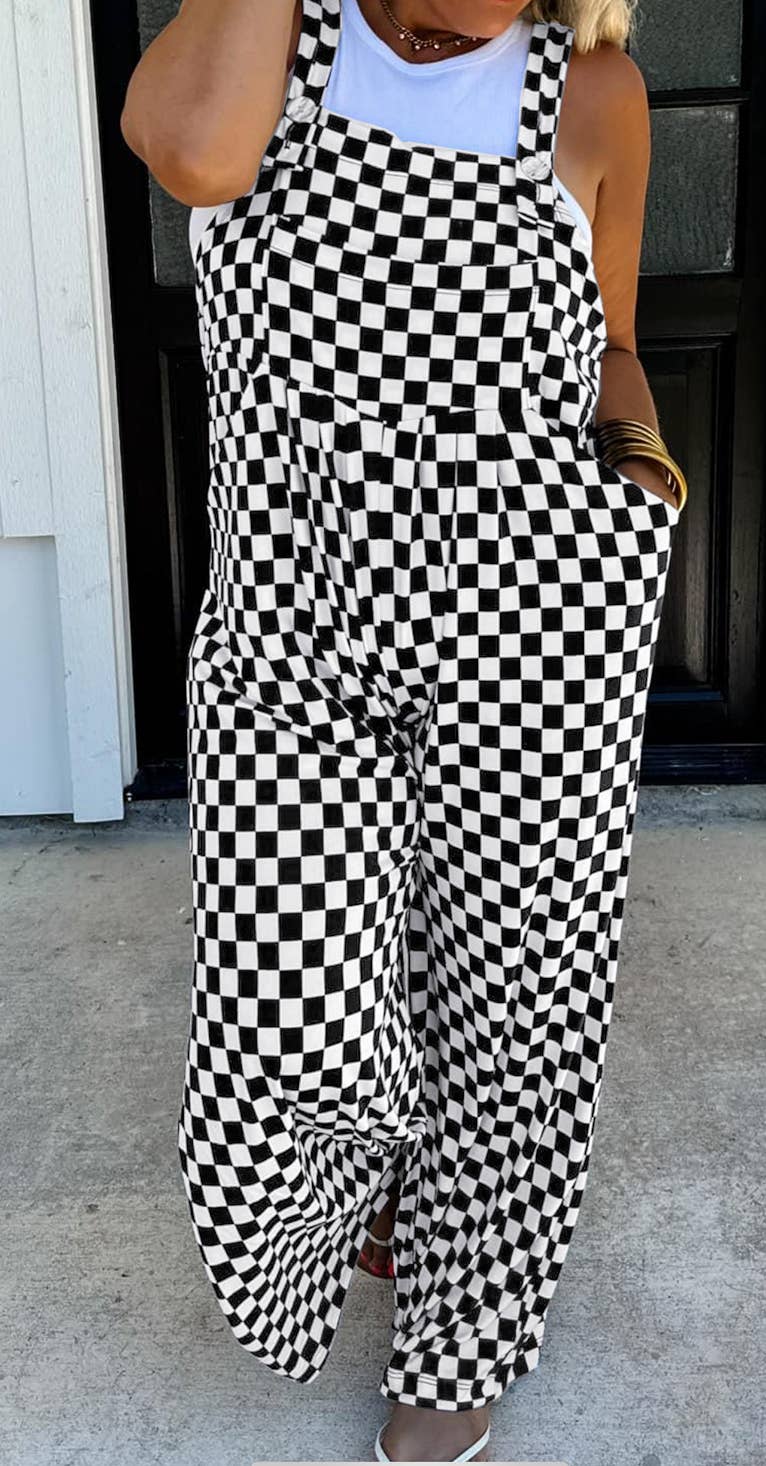 Noir Combinaison à jambes larges à poches et imprimé à carreaux en vente sur Faire0