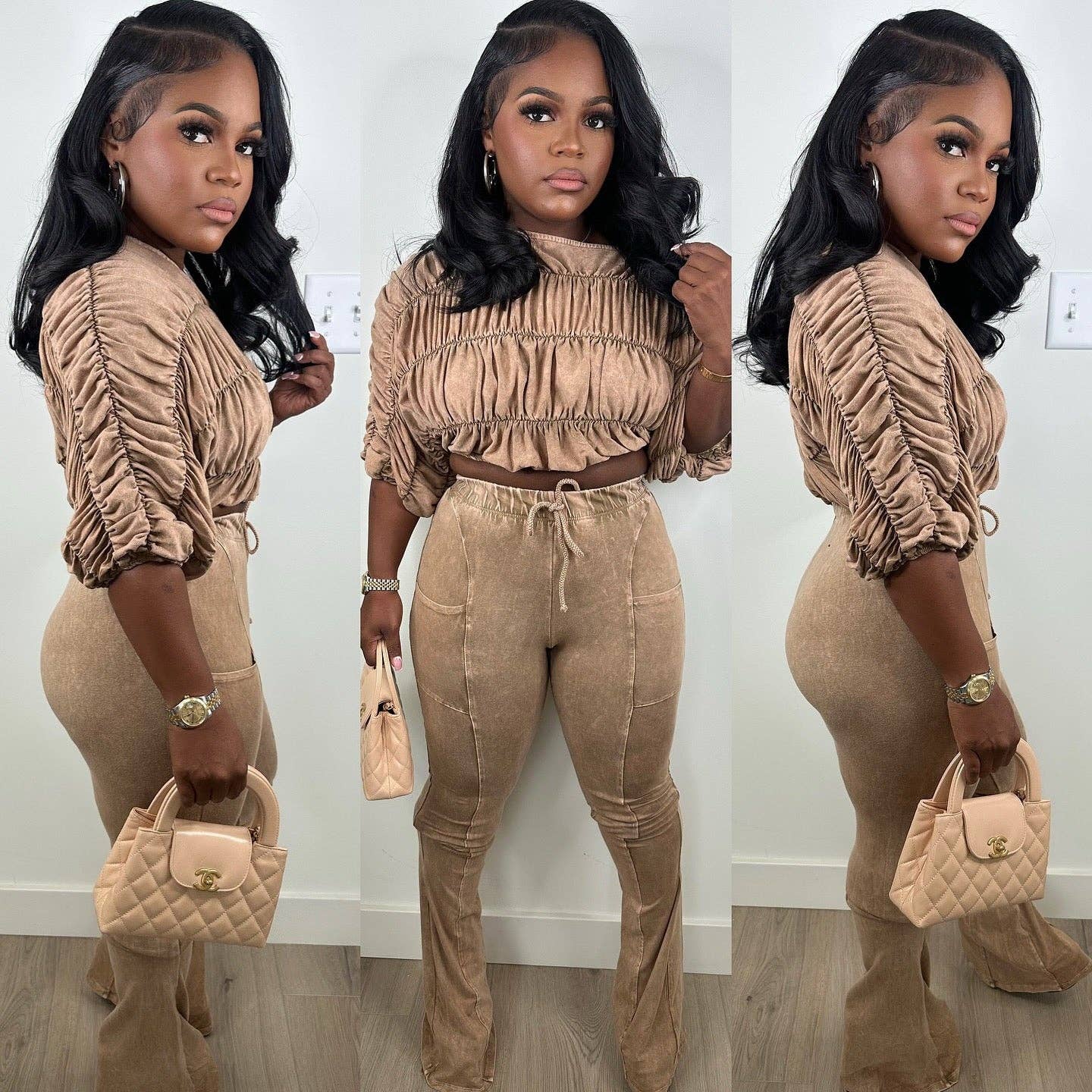 MB Fashion Wholesale - Wholesale Top & Pant Set (NOT Loungewear) - Women's - MB FASHION Ruched Off-Shoulder Top & High-Waist Flared Pants Set 953211