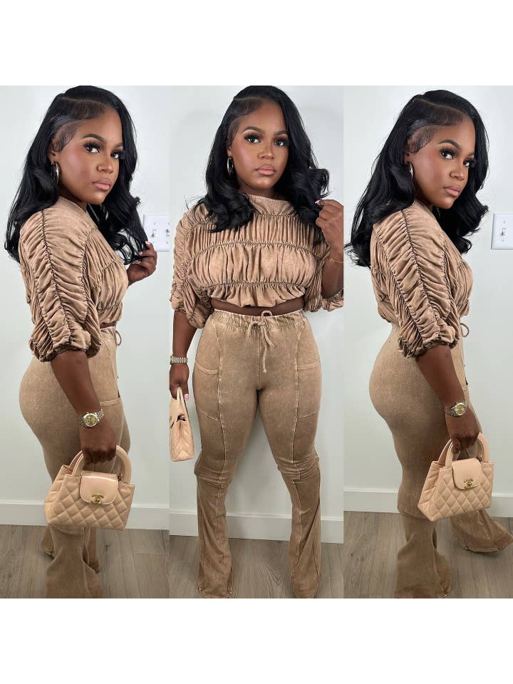 MB Fashion Wholesale - Wholesale Top & Pant Set (NOT Loungewear) - Women's - MB FASHION Ruched Off-Shoulder Top & High-Waist Flared Pants Set 953211