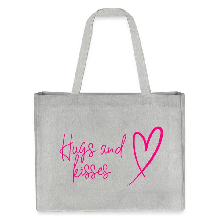 Vegane, große Tasche mit pinkem Aufdruck "Hugs and kisses" heißt "Küsse und Umarmungen" für den Großhandel von FreelingVenture
