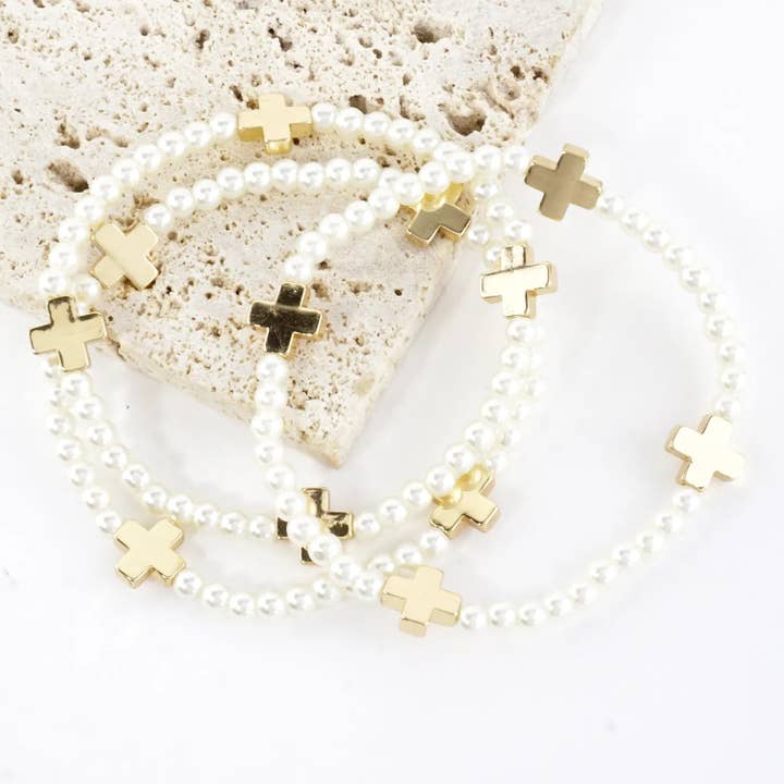 Gold Cream 3PC Set Brass Cross Glass Pearl Stretch Bracelets for wholesale on Faire1