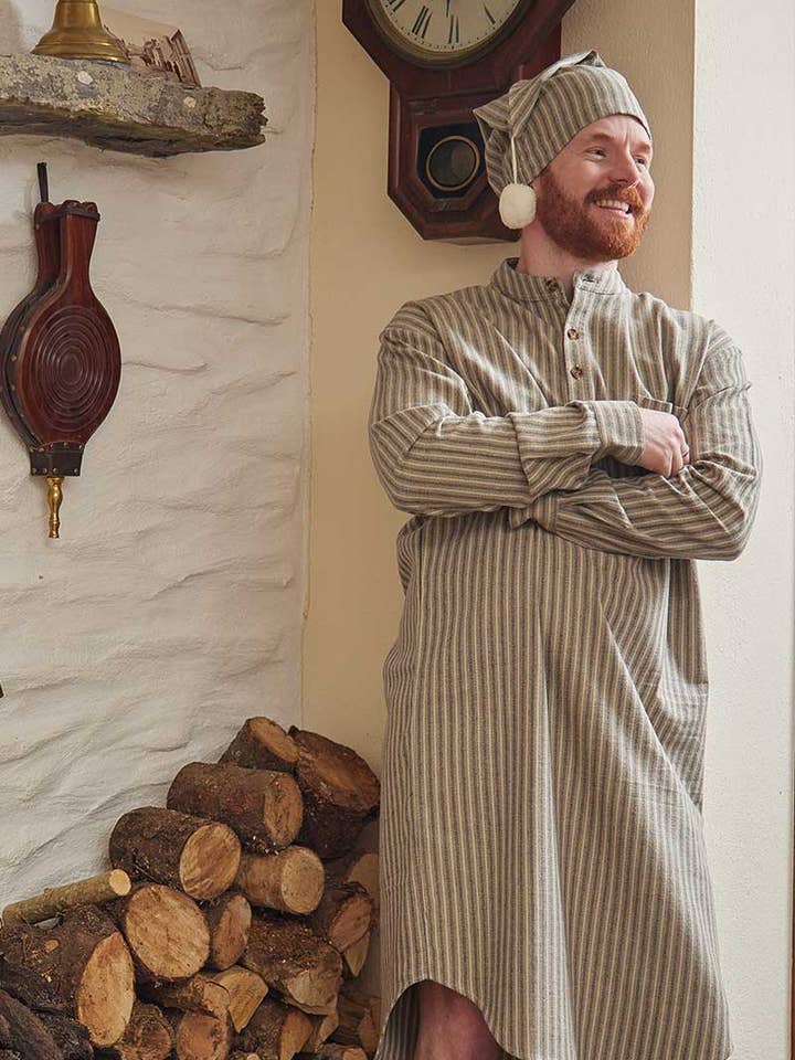 Lee Valley Ireland – wholesale Nightshirt – Unisex – Flannel Nightshirt - Beige Green Maroon Stripe (LV14)