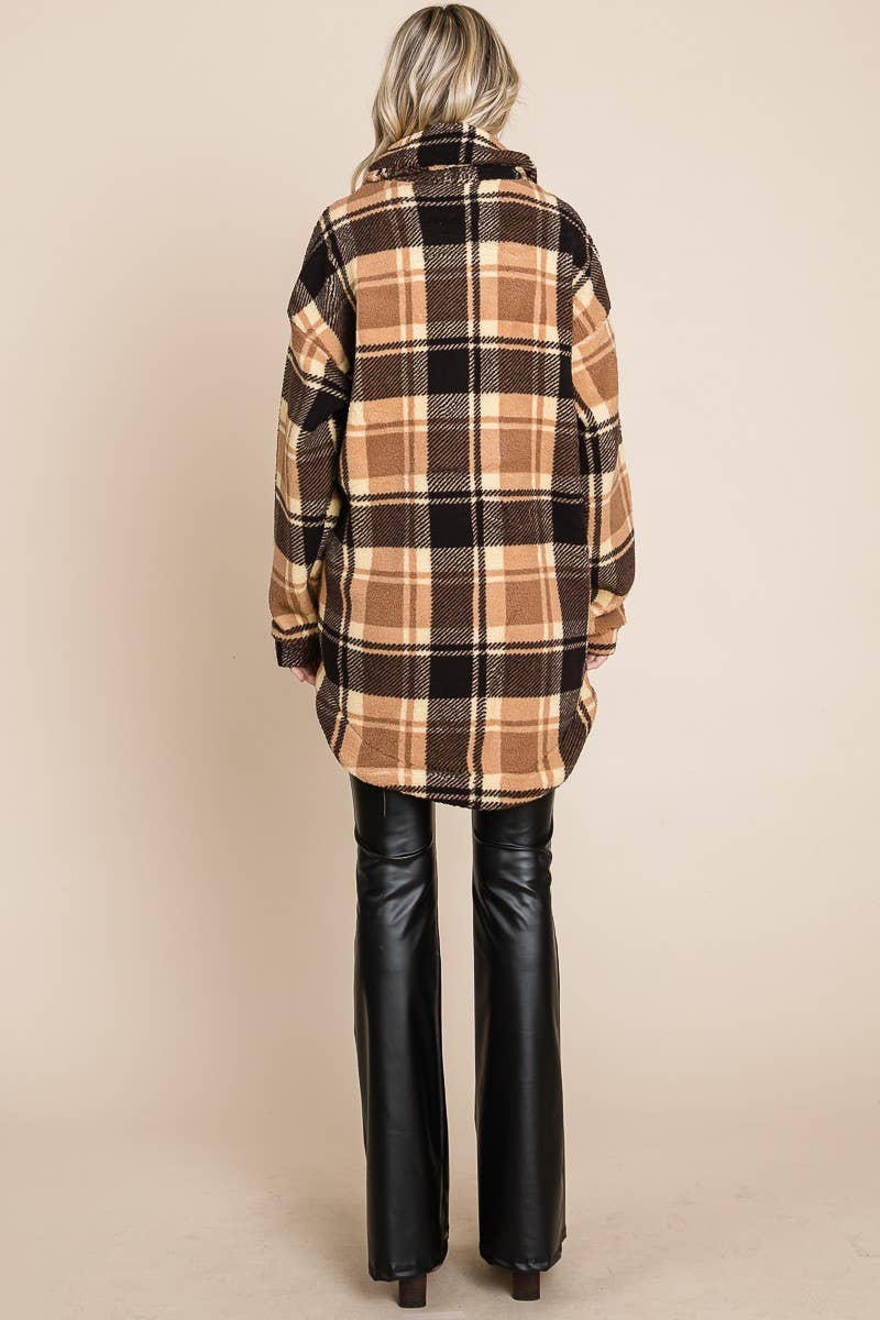 BNS - Wholesale Shirt Jacket/Shacket - Women's - Plaid Print Drop Shoulder Teddy Shacket w/Pockets12