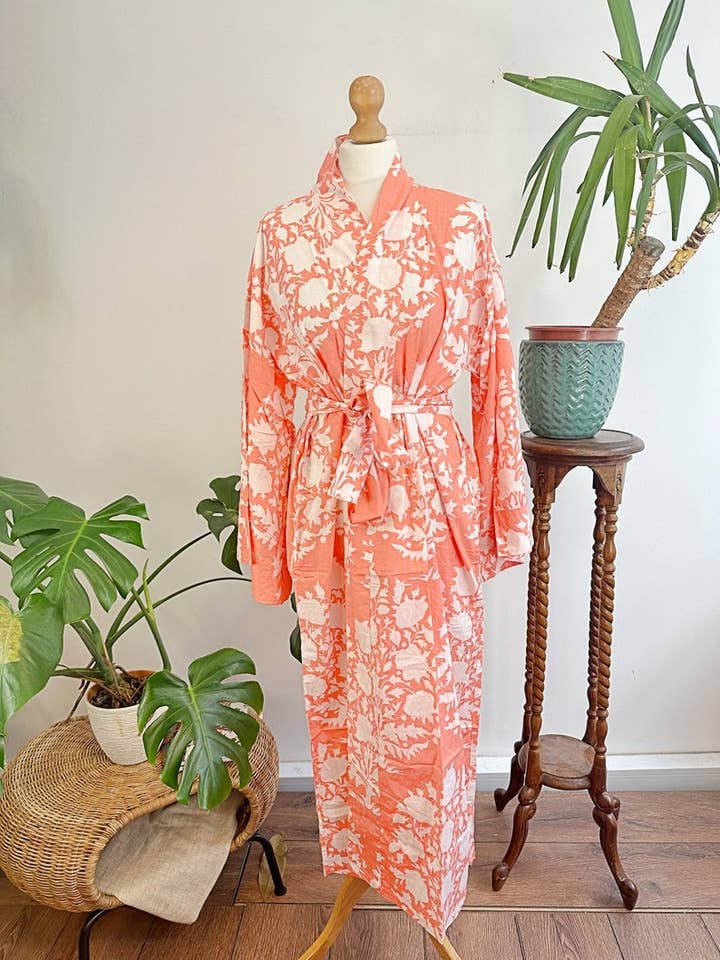Pure Cotton Indian Block-print House Dressing Robe Kimono | Floral Beach Coverup/Comfy Maternity Mom | Mughal Summer Peach Bouquet Blossom for wholesale by Essential Designs London