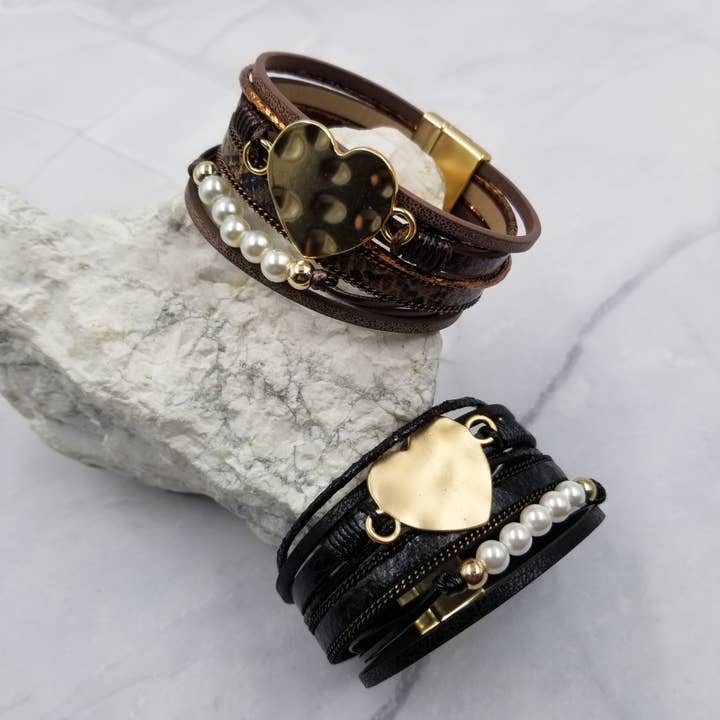 The Pretty Jewellery - Wholesale Bangle Bracelet - Heart Leather Wrap Magnetic Bracelet