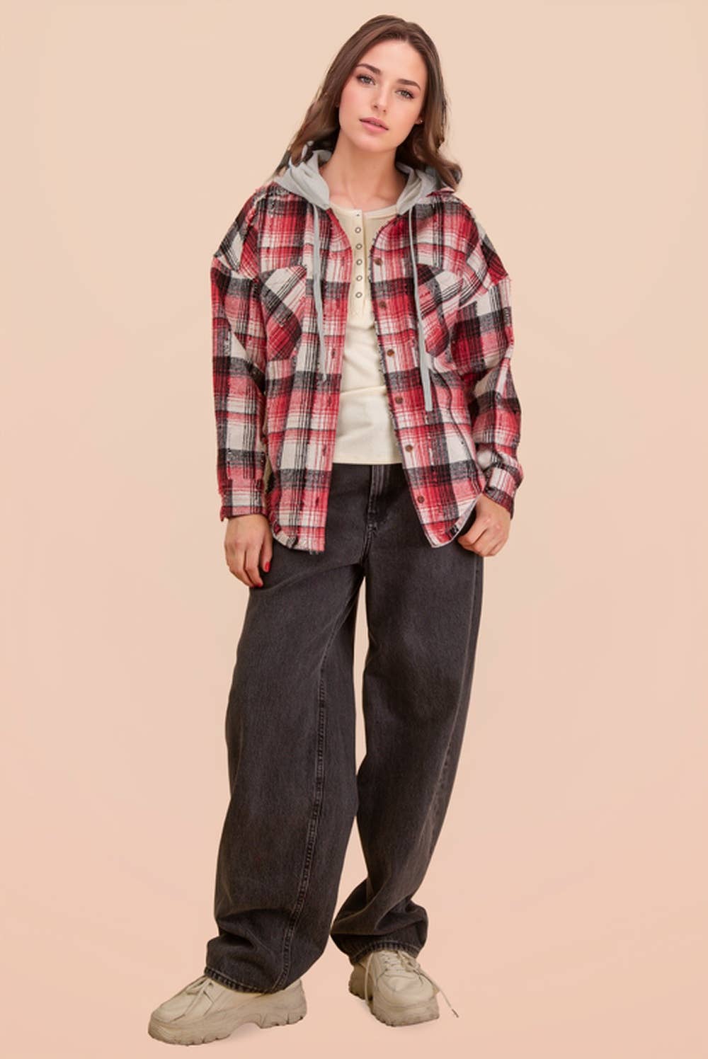 VERY J - Wholesale Jacket - Women's - NT12253-Oversized Flannel Hooded Button Down Jacket8