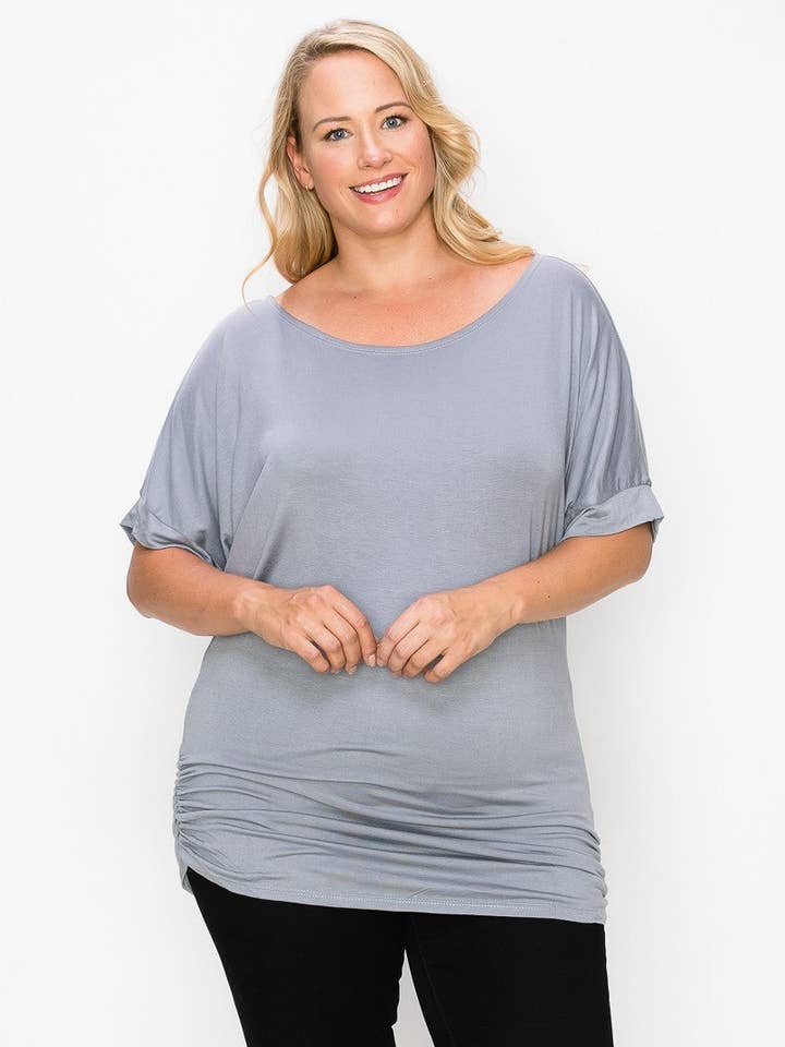 Kortärmad topp med rund hals och rynkade sidor för wholesale av CC Wholesale Clothing