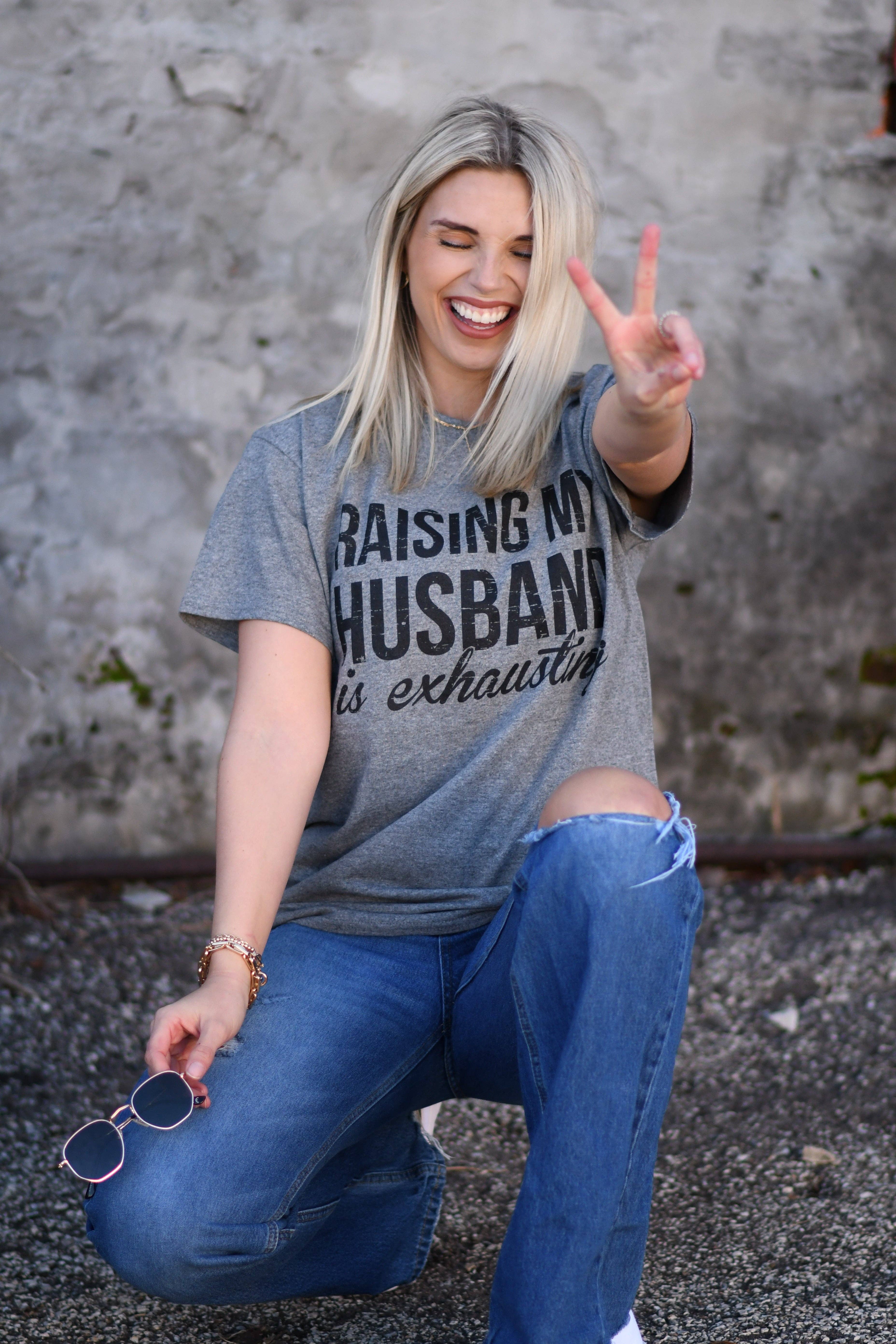 Deep heather grey Raising My Husband Is Exhausting Tee for wholesale on Faire1