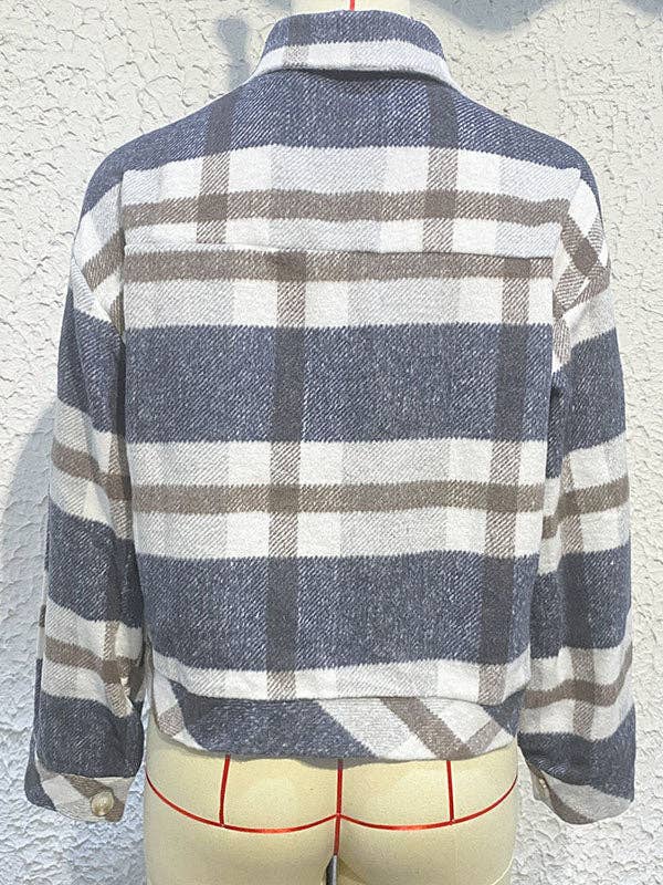 DJUPBLÅ Långa ärmar Lösa knappar Kontrastfärg Rutigt Lapel Ytterkläder för wholesale på Faire7