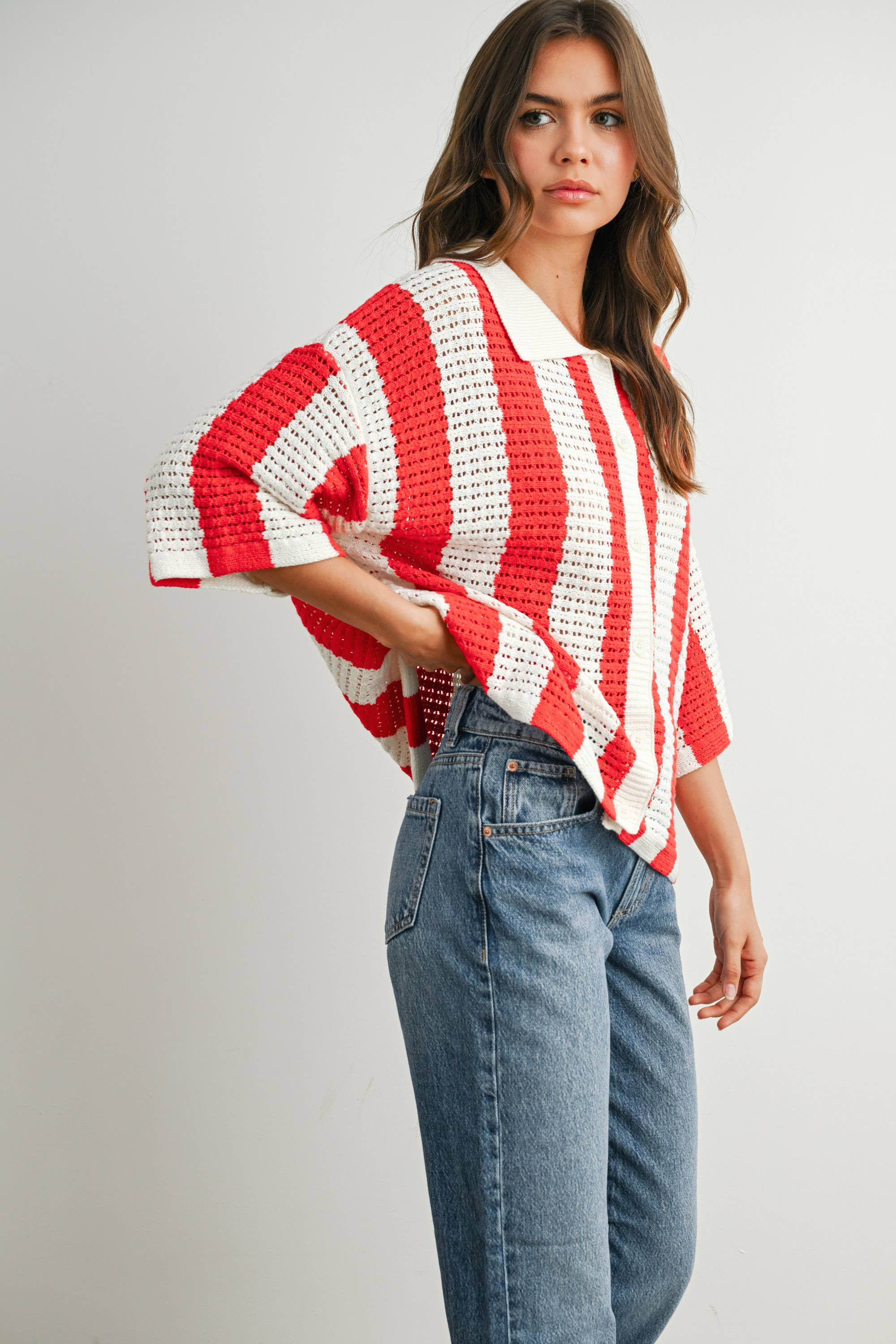 BUTTERMELON - Venta al por mayor Jersey de punto - Mujer - Jersey de Punto a Rayas con Botones - BMW774232