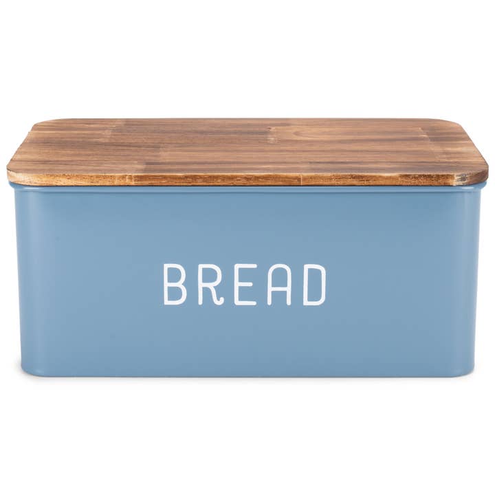 Matte Blue 12 x 7 Metal Enamel Rubber Wood Lidded Bread Box for wholesale by DEMDACO