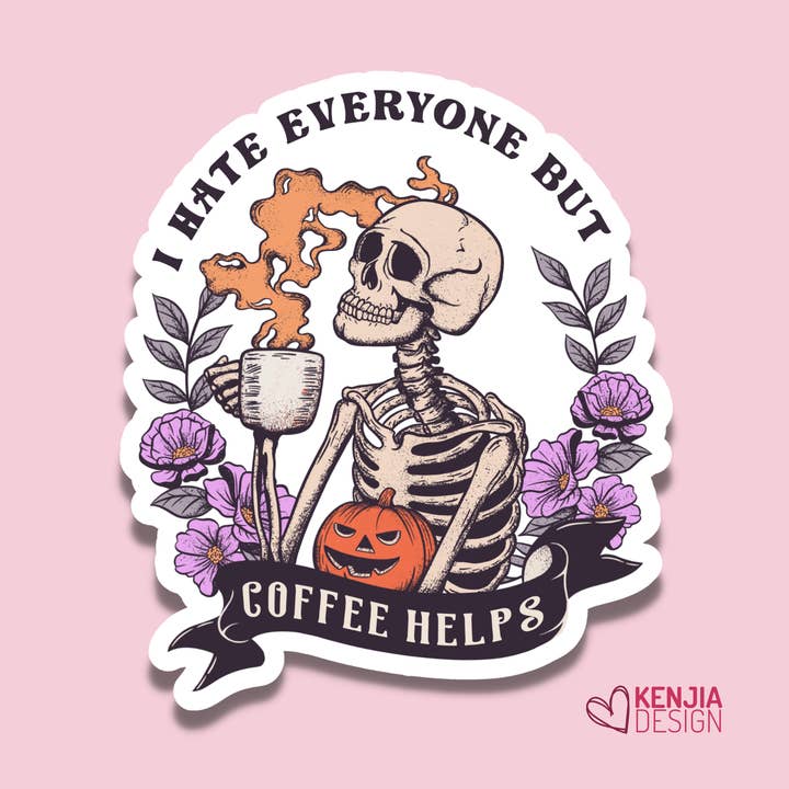 Halloween-Aufkleber „Introvert Skeleton Coffee Lover“ mit Magneten für den Großhandel von Kenjia Design