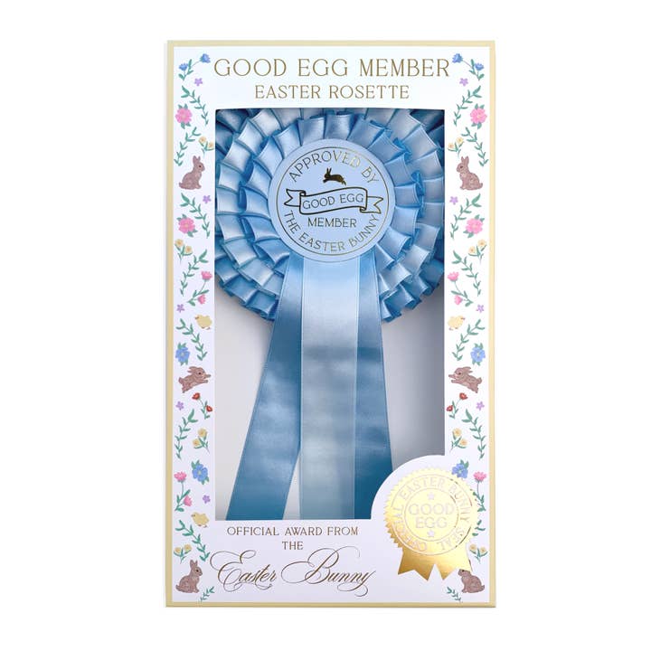 Good Egg Member Easter Rosette Badge Blue for wholesale by Black Bow Studio