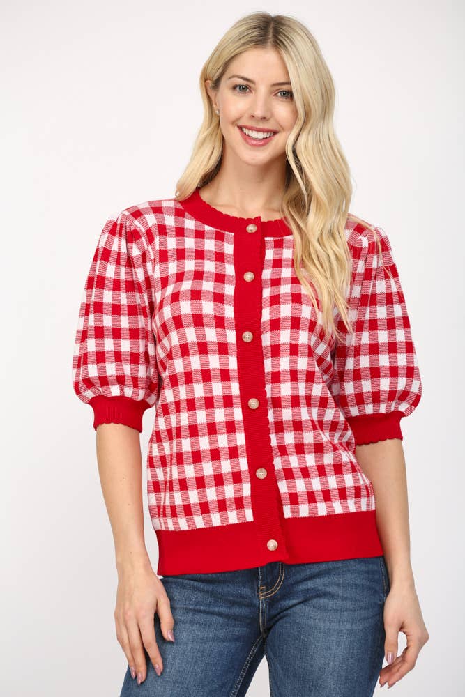 ROSSO/BIANCO CARDIGAN CORTO A FANTASIA GINGHAM CON BORDI A ONDA FW10334 in vendita all'ingrosso su Faire0