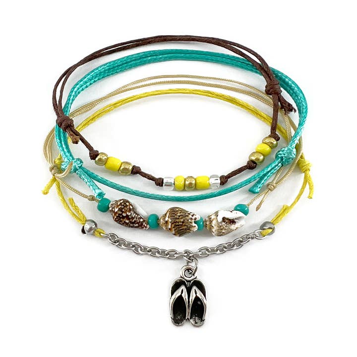 Flip Flop Shell Charm Bracelet – Teal and Yellow Tan Cords for wholesale by O Yeah Gifts